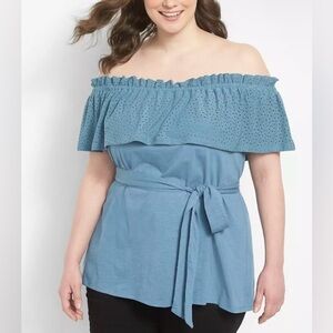 Lane Bryant Off the Shoulder Blue Shirt with Tie